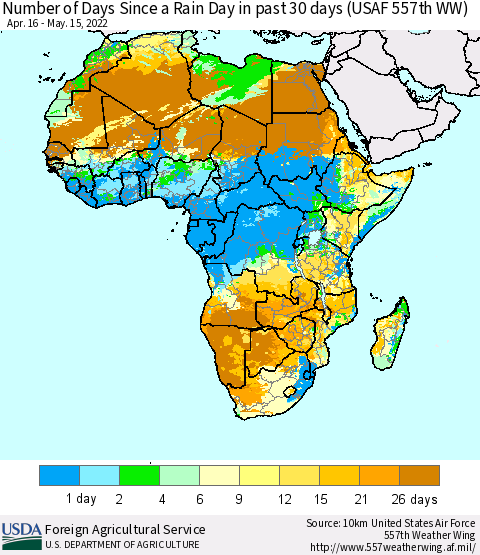 Africa Number of Days Since a Rain Day in past 30 days (USAF 557th WW) Thematic Map For 5/9/2022 - 5/15/2022