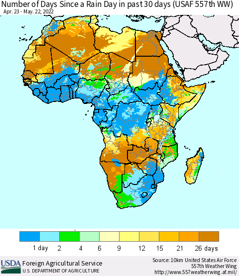Africa Number of Days Since a Rain Day in past 30 days (USAF 557th WW) Thematic Map For 5/16/2022 - 5/22/2022