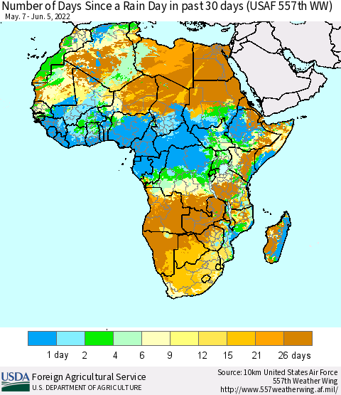 Africa Number of Days Since a Rain Day in past 30 days (USAF 557th WW) Thematic Map For 5/30/2022 - 6/5/2022