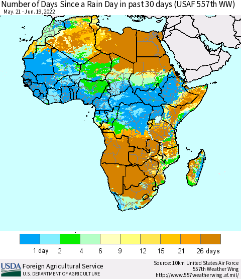 Africa Number of Days Since a Rain Day in past 30 days (USAF 557th WW) Thematic Map For 6/13/2022 - 6/19/2022
