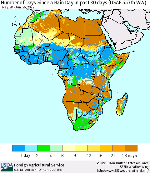 Africa Number of Days Since a Rain Day in past 30 days (USAF 557th WW) Thematic Map For 6/20/2022 - 6/26/2022
