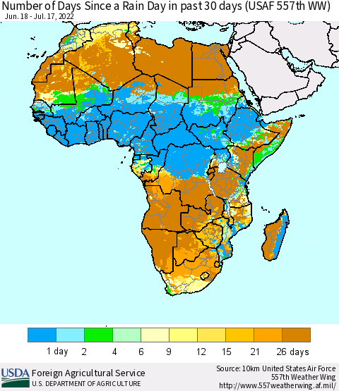 Africa Number of Days Since a Rain Day in past 30 days (USAF 557th WW) Thematic Map For 7/11/2022 - 7/17/2022