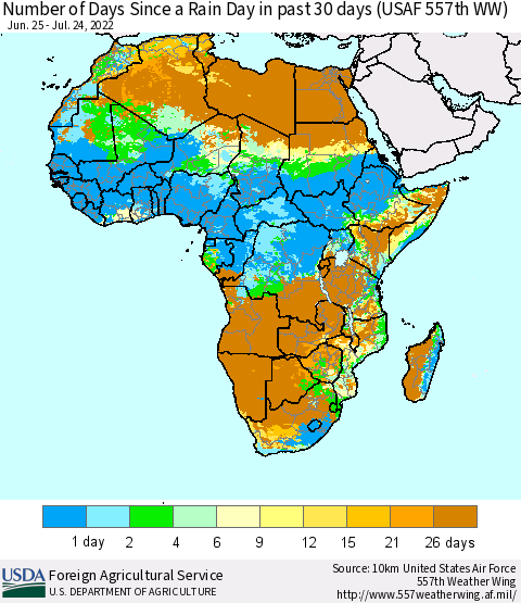 Africa Number of Days Since a Rain Day in past 30 days (USAF 557th WW) Thematic Map For 7/18/2022 - 7/24/2022