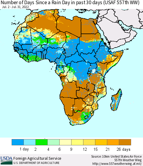 Africa Number of Days Since a Rain Day in past 30 days (USAF 557th WW) Thematic Map For 7/25/2022 - 7/31/2022