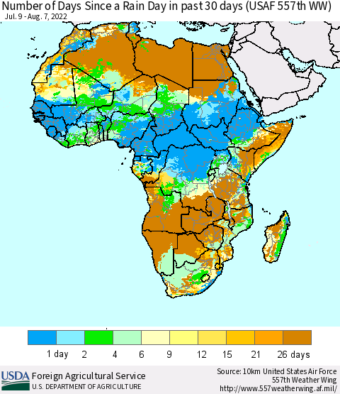 Africa Number of Days Since a Rain Day in past 30 days (USAF 557th WW) Thematic Map For 8/1/2022 - 8/7/2022