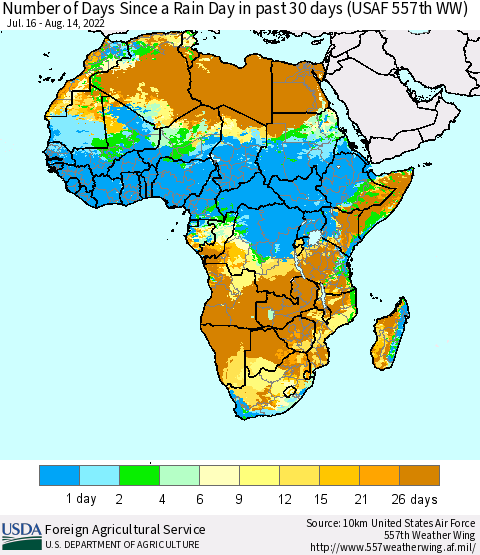 Africa Number of Days Since a Rain Day in past 30 days (USAF 557th WW) Thematic Map For 8/8/2022 - 8/14/2022