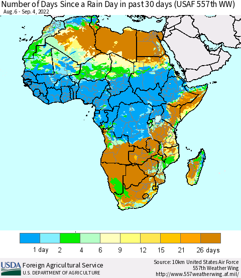 Africa Number of Days Since a Rain Day in past 30 days (USAF 557th WW) Thematic Map For 8/29/2022 - 9/4/2022