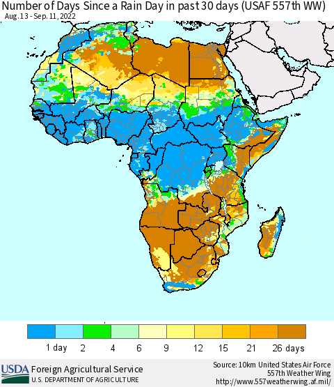 Africa Number of Days Since a Rain Day in past 30 days (USAF 557th WW) Thematic Map For 9/5/2022 - 9/11/2022
