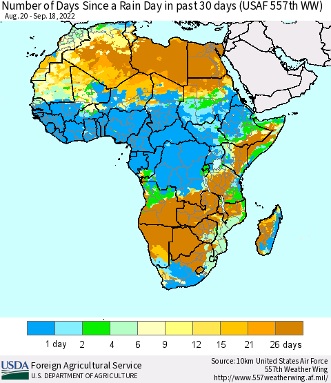 Africa Number of Days Since a Rain Day in past 30 days (USAF 557th WW) Thematic Map For 9/12/2022 - 9/18/2022
