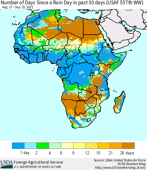 Africa Number of Days Since a Rain Day in past 30 days (USAF 557th WW) Thematic Map For 9/19/2022 - 9/25/2022