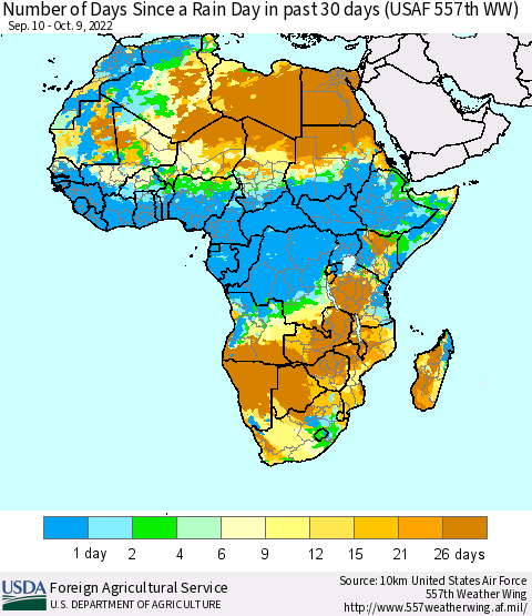 Africa Number of Days Since a Rain Day in past 30 days (USAF 557th WW) Thematic Map For 10/3/2022 - 10/9/2022
