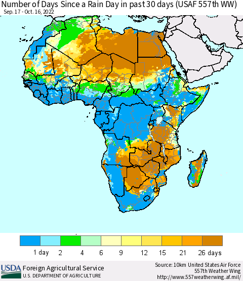 Africa Number of Days Since a Rain Day in past 30 days (USAF 557th WW) Thematic Map For 10/10/2022 - 10/16/2022