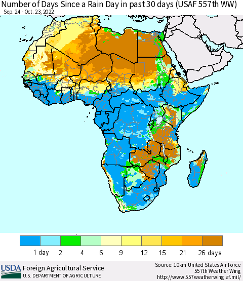 Africa Number of Days Since a Rain Day in past 30 days (USAF 557th WW) Thematic Map For 10/17/2022 - 10/23/2022