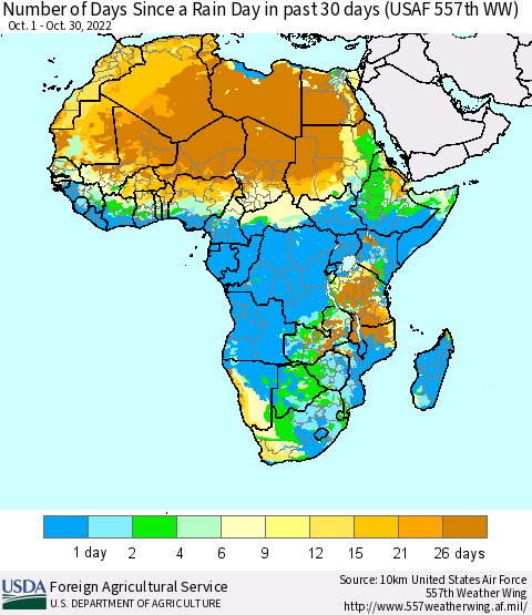 Africa Number of Days Since a Rain Day in past 30 days (USAF 557th WW) Thematic Map For 10/24/2022 - 10/30/2022