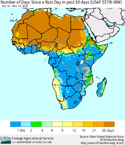 Africa Number of Days Since a Rain Day in past 30 days (USAF 557th WW) Thematic Map For 11/7/2022 - 11/13/2022