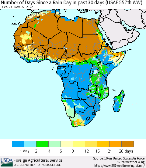Africa Number of Days Since a Rain Day in past 30 days (USAF 557th WW) Thematic Map For 11/21/2022 - 11/27/2022