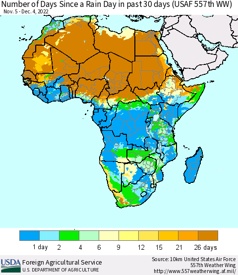 Africa Number of Days Since a Rain Day in past 30 days (USAF 557th WW) Thematic Map For 11/28/2022 - 12/4/2022