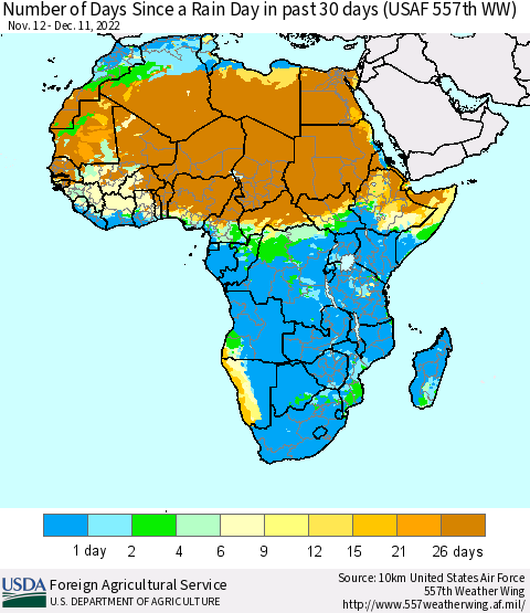 Africa Number of Days Since a Rain Day in past 30 days (USAF 557th WW) Thematic Map For 12/5/2022 - 12/11/2022