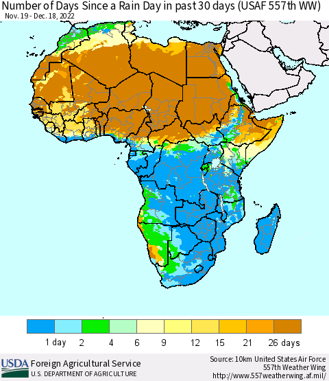 Africa Number of Days Since a Rain Day in past 30 days (USAF 557th WW) Thematic Map For 12/12/2022 - 12/18/2022