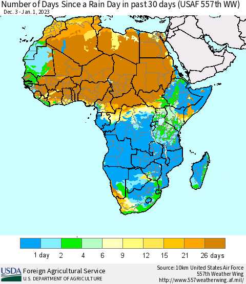 Africa Number of Days Since a Rain Day in past 30 days (USAF 557th WW) Thematic Map For 12/26/2022 - 1/1/2023