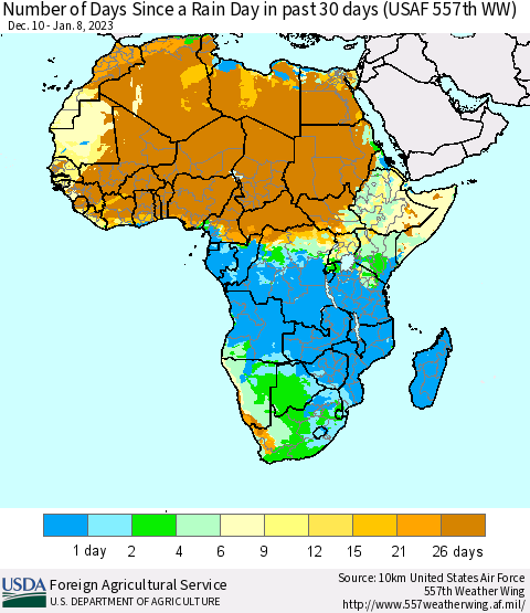 Africa Number of Days Since a Rain Day in past 30 days (USAF 557th WW) Thematic Map For 1/2/2023 - 1/8/2023