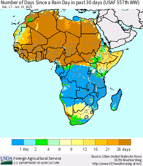 Africa Number of Days Since a Rain Day in past 30 days (USAF 557th WW) Thematic Map For 1/9/2023 - 1/15/2023