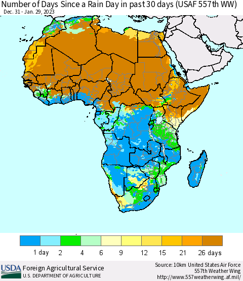 Africa Number of Days Since a Rain Day in past 30 days (USAF 557th WW) Thematic Map For 1/23/2023 - 1/29/2023