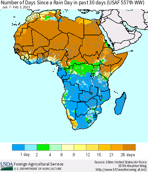 Africa Number of Days Since a Rain Day in past 30 days (USAF 557th WW) Thematic Map For 1/30/2023 - 2/5/2023