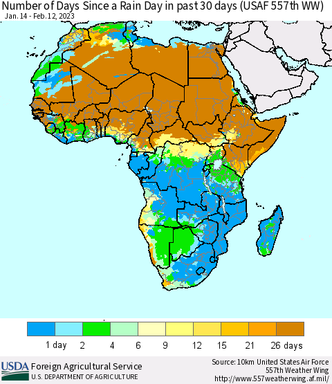 Africa Number of Days Since a Rain Day in past 30 days (USAF 557th WW) Thematic Map For 2/6/2023 - 2/12/2023