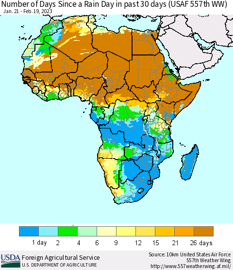 Africa Number of Days Since a Rain Day in past 30 days (USAF 557th WW) Thematic Map For 2/13/2023 - 2/19/2023