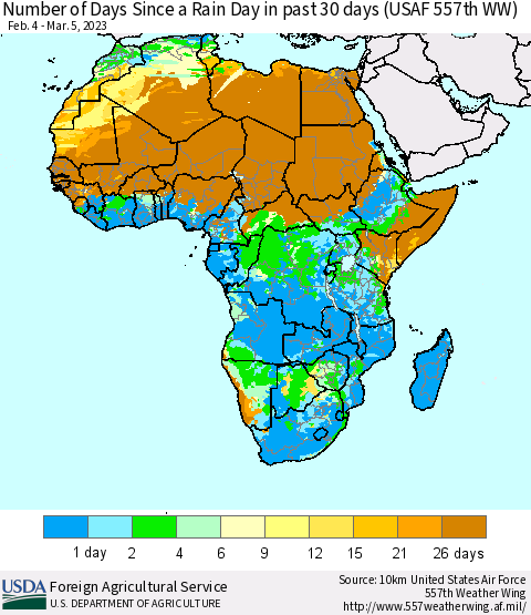Africa Number of Days Since a Rain Day in past 30 days (USAF 557th WW) Thematic Map For 2/27/2023 - 3/5/2023