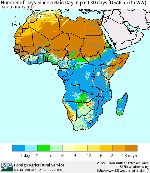 Africa Number of Days Since a Rain Day in past 30 days (USAF 557th WW) Thematic Map For 3/6/2023 - 3/12/2023