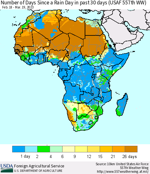 Africa Number of Days Since a Rain Day in past 30 days (USAF 557th WW) Thematic Map For 3/13/2023 - 3/19/2023