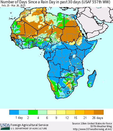 Africa Number of Days Since a Rain Day in past 30 days (USAF 557th WW) Thematic Map For 3/20/2023 - 3/26/2023
