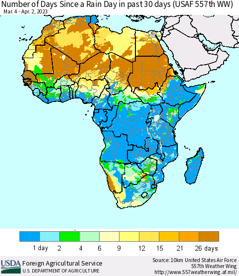 Africa Number of Days Since a Rain Day in past 30 days (USAF 557th WW) Thematic Map For 3/27/2023 - 4/2/2023