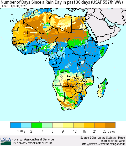Africa Number of Days Since a Rain Day in past 30 days (USAF 557th WW) Thematic Map For 4/24/2023 - 4/30/2023
