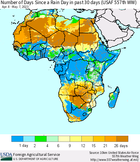 Africa Number of Days Since a Rain Day in past 30 days (USAF 557th WW) Thematic Map For 5/1/2023 - 5/7/2023