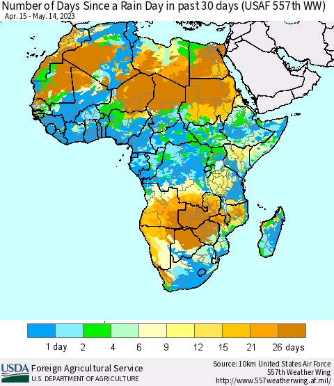 Africa Number of Days Since a Rain Day in past 30 days (USAF 557th WW) Thematic Map For 5/8/2023 - 5/14/2023