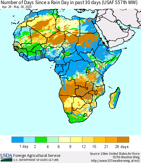 Africa Number of Days Since a Rain Day in past 30 days (USAF 557th WW) Thematic Map For 5/22/2023 - 5/28/2023