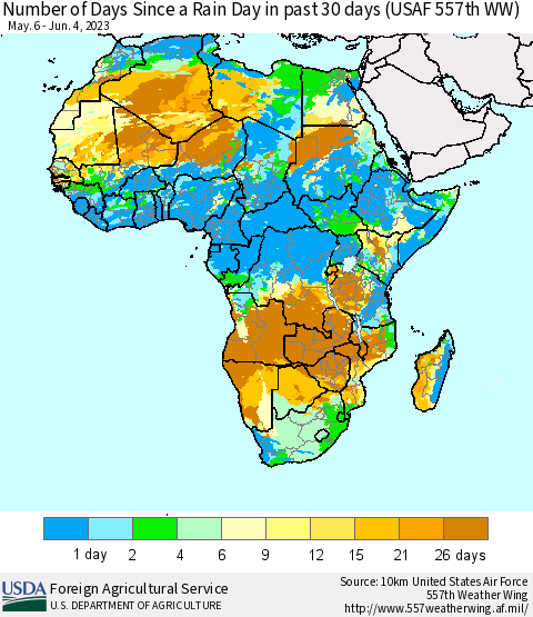 Africa Number of Days Since a Rain Day in past 30 days (USAF 557th WW) Thematic Map For 5/29/2023 - 6/4/2023