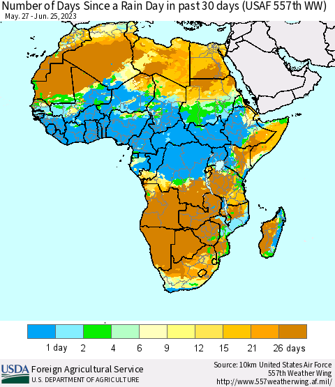 Africa Number of Days Since a Rain Day in past 30 days (USAF 557th WW) Thematic Map For 6/19/2023 - 6/25/2023