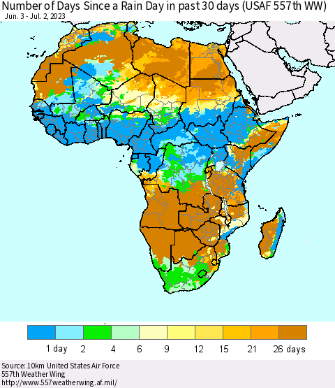 Africa Number of Days Since a Rain Day in past 30 days (USAF 557th WW) Thematic Map For 6/26/2023 - 7/2/2023