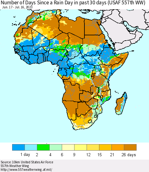 Africa Number of Days Since a Rain Day in past 30 days (USAF 557th WW) Thematic Map For 7/10/2023 - 7/16/2023