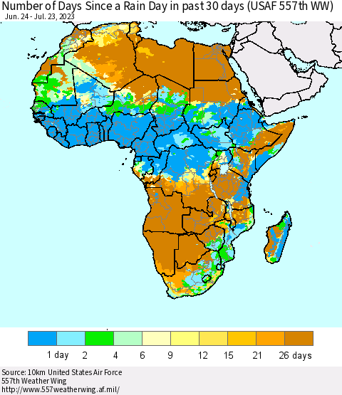 Africa Number of Days Since a Rain Day in past 30 days (USAF 557th WW) Thematic Map For 7/17/2023 - 7/23/2023