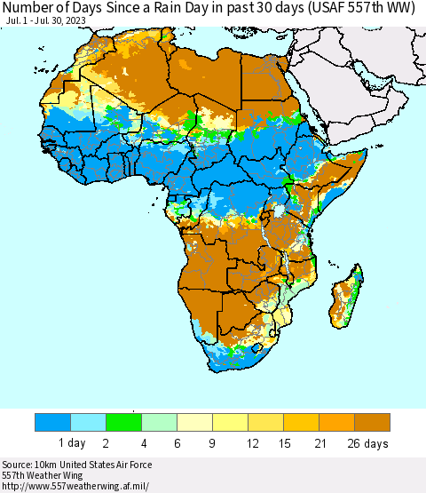 Africa Number of Days Since a Rain Day in past 30 days (USAF 557th WW) Thematic Map For 7/24/2023 - 7/30/2023
