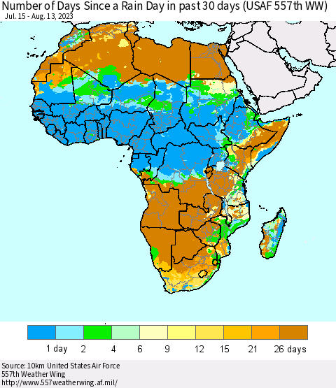 Africa Number of Days Since a Rain Day in past 30 days (USAF 557th WW) Thematic Map For 8/7/2023 - 8/13/2023