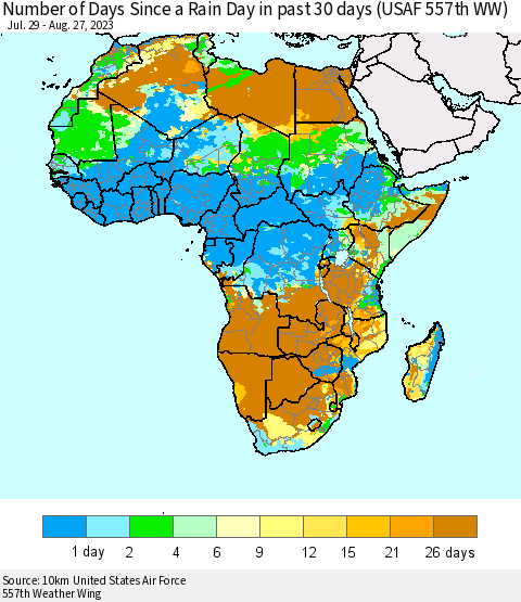 Africa Number of Days Since a Rain Day in past 30 days (USAF 557th WW) Thematic Map For 8/21/2023 - 8/27/2023