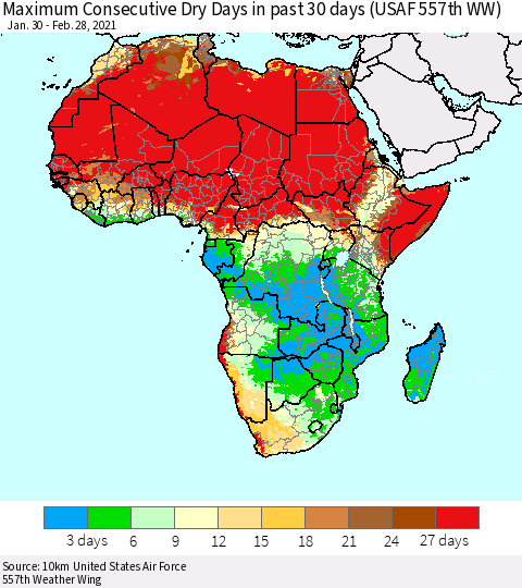 Africa Maximum Consecutive Dry Days in past 30 days (USAF 557th WW) 02/28/2021 Thematic Map For 2/26/2021 - 2/28/2021