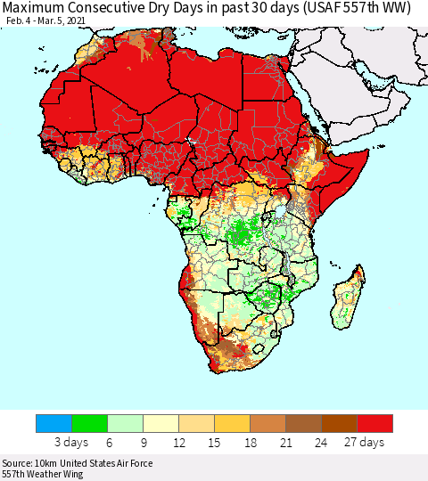 Africa Maximum Consecutive Dry Days in past 30 days (USAF 557th WW) 03/05/2021 Thematic Map For 3/1/2021 - 3/5/2021