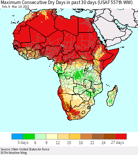 Africa Maximum Consecutive Dry Days in past 30 days (USAF 557th WW) 03/10/2021 Thematic Map For 3/6/2021 - 3/10/2021